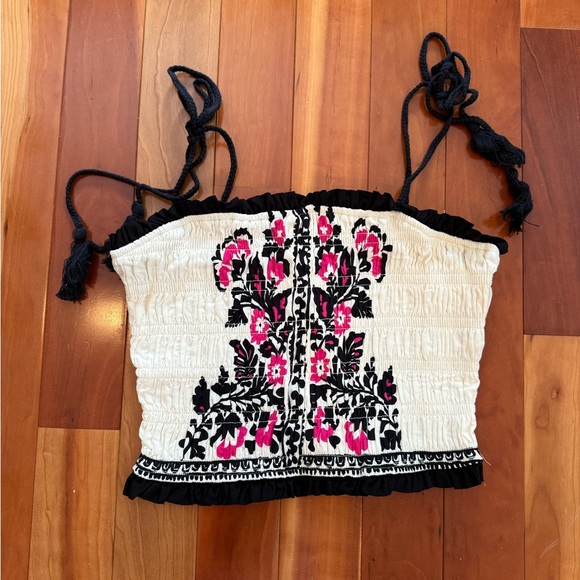 Embroidered Floral Smocked Cropped Tank Top - White with Pink & Black - Picture 2 of 5